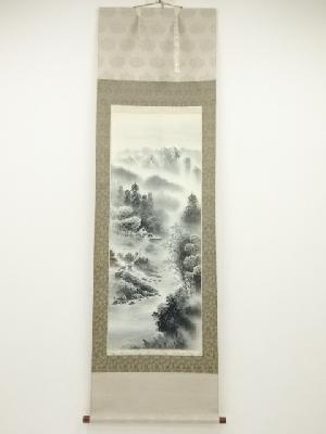 汀水筆　水墨山水　肉筆絹本掛軸（共箱）